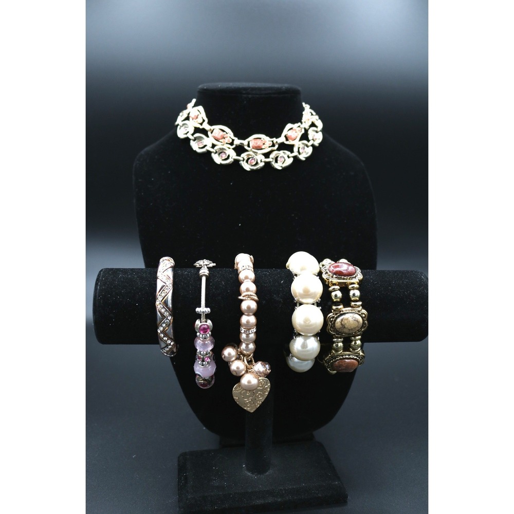Vintage Jewelry 7PC Lot 5 Bracelet 2 Necklace Gold Pink Faux Pearl Beaded Charm